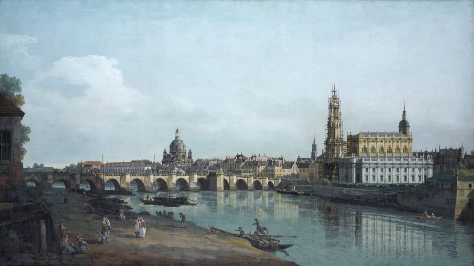 Canaletto: Dresda vista dalla riva destra dell'Elba, sotto il ponte di Augusto